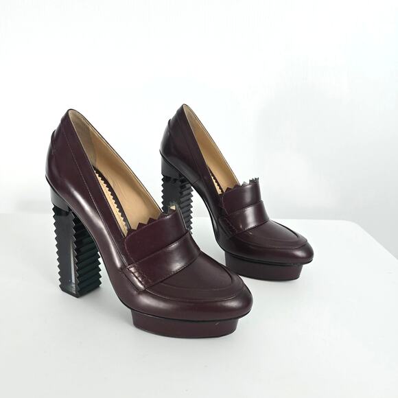 Aperlai High Heel Loafer Lucite Zig Zag Heel Platform Oxblood Burgundy Size 38 - Picture 14 of 14